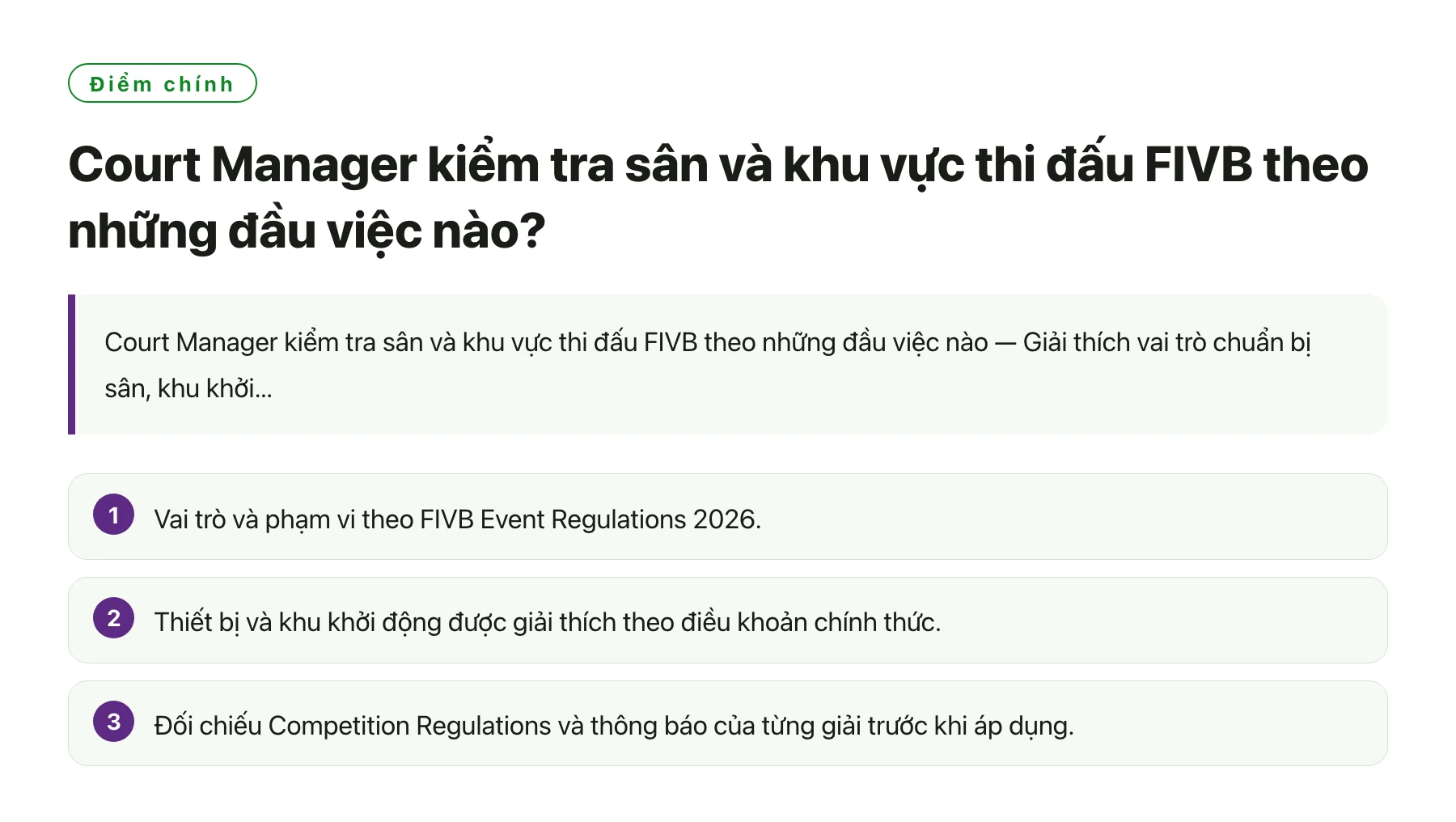 Court Manager kiểm tra sân và khu vực thi đấu FIVB theo những đầu việc nào?——全文要点速览